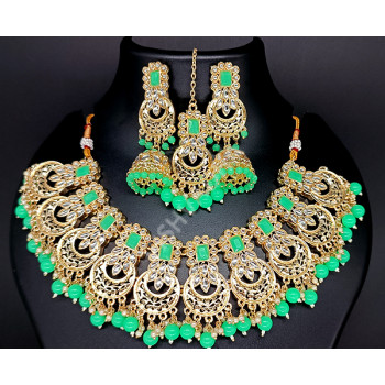 Bridal / Celebrity / Ethnic / Designer Party Wear Antique Mint Green Necklace Set with Earrings and Tikka / Chutti