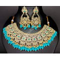 Bridal / Celebrity / Ethnic / Designer Party Wear Antique CP Blue Necklace Set with Earrings and Tikka / Chutti