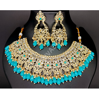 Bridal / Celebrity / Ethnic / Designer Party Wear Antique CP Blue Necklace Set with Earrings and Tikka / Chutti