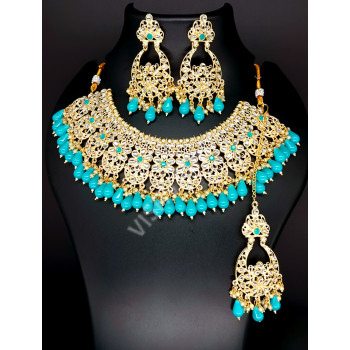 Bridal / Celebrity / Ethnic / Designer Party Wear Antique CP Blue Necklace Set with Earrings and Tikka / Chutti