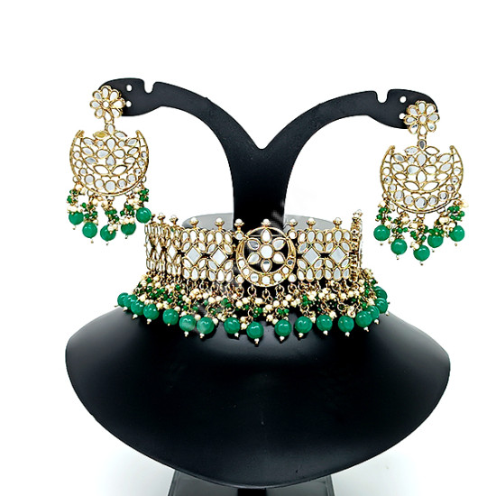 Celebrity / Bridal / Party Wear Sparkling Full Mirror Work Dark Green Clustered Pearl Choker Set with Earrings, Chutti / Tikka