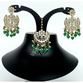 Celebrity / Bridal / Party Wear Sparkling Full Mirror Work Dark Green Clustered Pearl Choker Set with Earrings, Chutti / Tikka