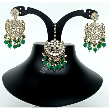 Celebrity / Bridal / Party Wear Sparkling Full Mirror Work Dark Green Clustered Pearl Choker Set with Earrings, Chutti / Tikka