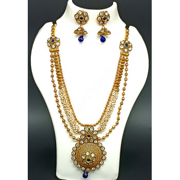 Long and Heavy Work Kundan Stones with Clustered Pearls and High Gold Polish Balls Antique Chain (Dark Blue)