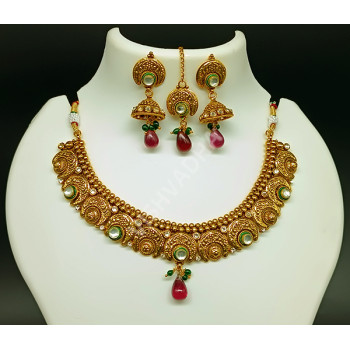 Traditional / Designer Antique Moon Design Necklace Set with Earrings and Chutti / Tikka