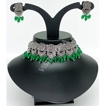 Beautiful Oxidized Silver Designer Fancy Clustered Pearl Party Wear Dark Green Choker Necklace Set