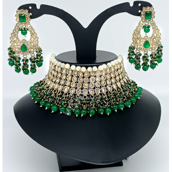 Bridal / Celebrity / Party Wear Designer Heavy Work Green Antique Choker Clustered Pearls with Full Kundan Stones Necklace Set Mehandi Polish