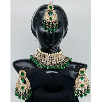 Bridal / Celebrity / Party Wear Designer Heavy Work Green Antique Choker Clustered Pearls with Full Kundan Stones Necklace Set Mehandi Polish