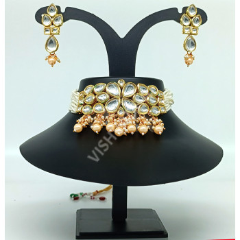 Designer / Festive Wear Kundan Choker with Pearl Strands Around Neck High Gold Polish with Earrings