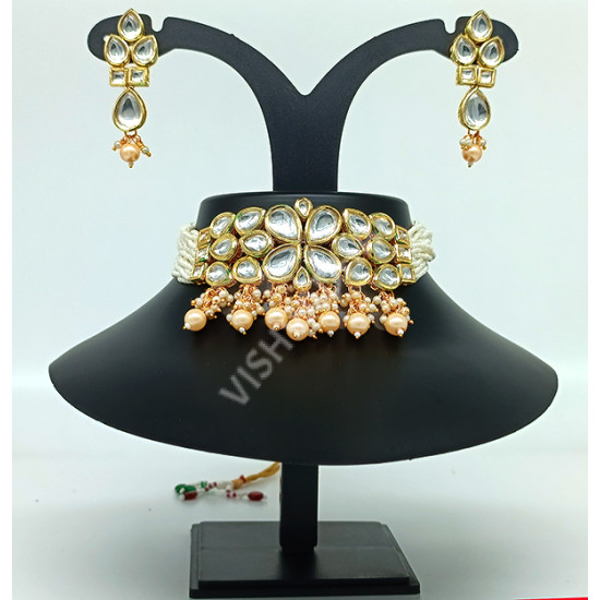 Designer / Festive Wear Kundan Choker with Pearl Strands Around Neck High Gold Polish with Earrings