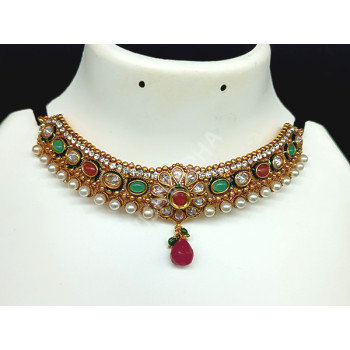 Close Neck Choker Type Necklace with Pearls and Beads Flower Pattern with Tikka / Chutti