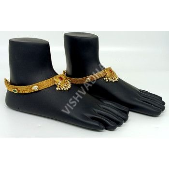 Traditional Zig Zag Antique Anklet / Golusu / Payal Ruby Green ( 10 Inch )