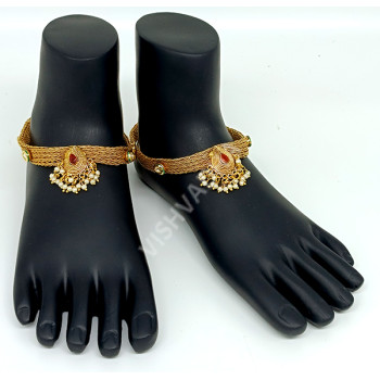 Traditional Zig Zag Antique Anklet / Golusu / Payal Ruby Green ( 10 Inch )