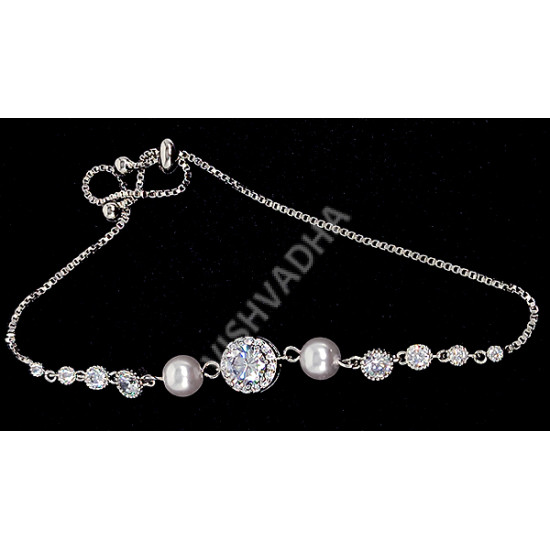Stunning White Rodium Sparkling CZ AD Bracelet with Pearl