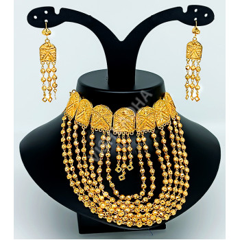 Multilayered Close Neck Half Micro Gold Polish Necklace Set with Earrings