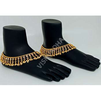 Beautiful Antique Gold Full Stones and Clustered Pearls with Mirror Anklet / Golusu / Payal ( 11 Inch )