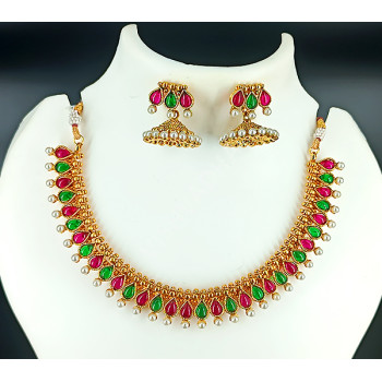 Traditional Ethnic Wear Close Neck Kundan Set Ruby Green with Pearls and Stunning Earrings