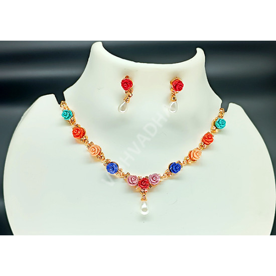 Multi Color Lovely Rose Party Wear Fancy Necklace Set with Earrings