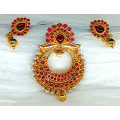 Traditional High Polish Ruby Pearls Kundan Pendant with Earrings