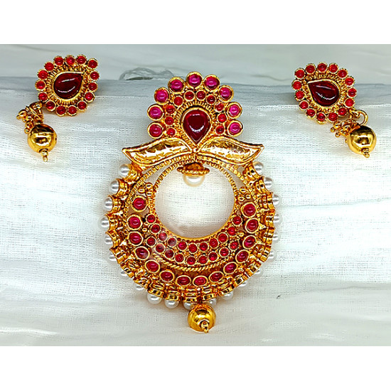 Traditional High Polish Ruby Pearls Kundan Pendant with Earrings