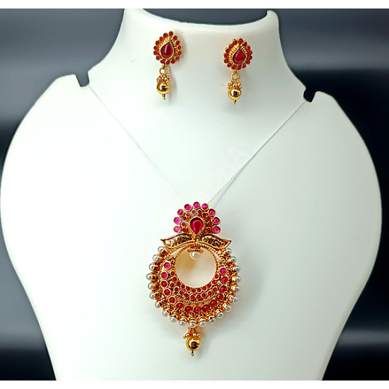 Traditional High Polish Ruby Pearls Kundan Pendant with Earrings