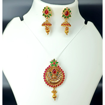 Traditional High Polish Ruby Green Pearls Kundan Pendant with Earrings