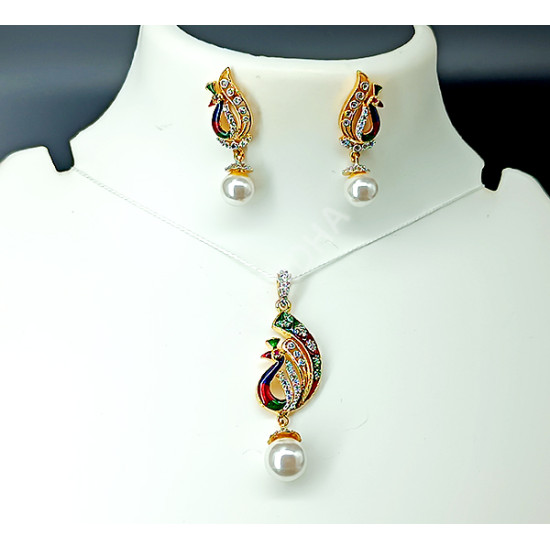 Party / Ethnic Wear High Polish Ad Stones Beautiful Peacock Pendant with Earrings