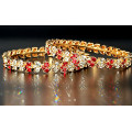 Golden Micro Plated HQ Red Pure White Double Leaf AD Stone Bangles ( Size 2 - 4 )