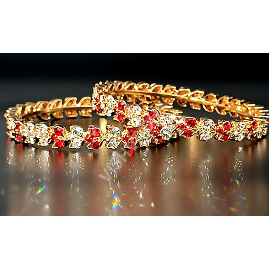 Golden Micro Plated HQ Red Pure White Double Leaf AD Stone Bangles ( Size 2 - 4 )