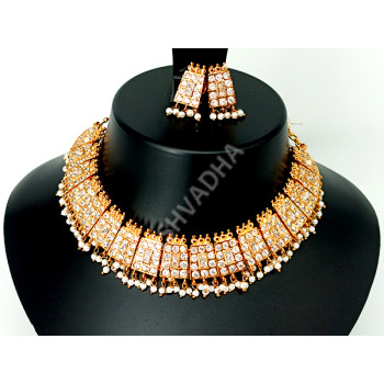Full White Glitering Stones High Quality Premium Choker Set with Pearl and Earrings