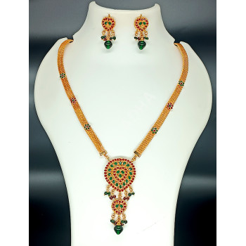 Fancy Ruby Green Long Necklace Set with Earrings