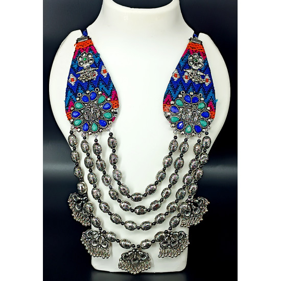 Designer Festive Wear Extremely Beautiful Blue Heavy and Long Oxidized Necklace with Big Beads 4 Layers