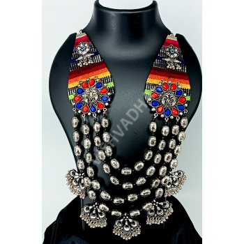Designer Festive Wear Extremely Beautiful Ruby Blue Heavy and Long Oxidized Necklace with Big Beads 4 Layers