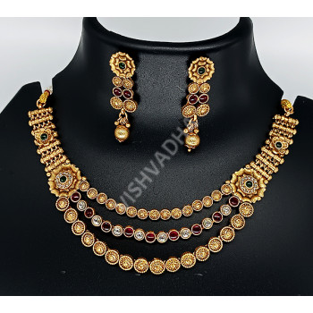 Ethnic Wear Triple Strand Kemp Jewellery Kundan Stones Necklace Set with Earrings Rajwadi Polish