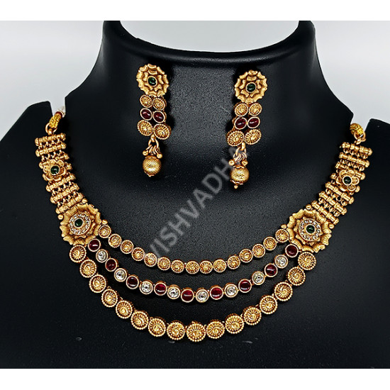 Ethnic Wear Triple Strand Kemp Jewellery Kundan Stones Necklace Set with Earrings Rajwadi Polish