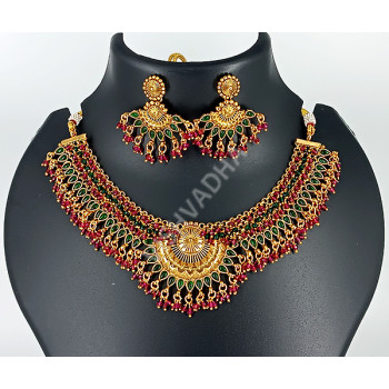 Party Ethnic Wear Beautiful Kemp Necklace Set Ruby Green with Earrings High Gold Polish