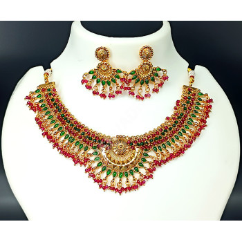 Party Ethnic Wear Beautiful Kemp Necklace Set Ruby Green with Earrings High Gold Polish