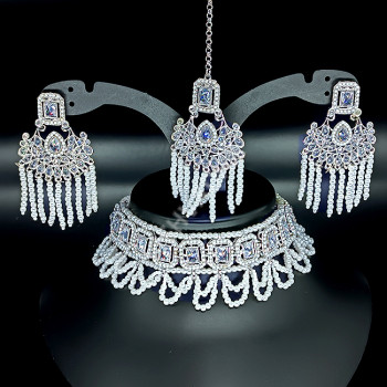 Designer Bridal Wear Rodium Polish Full Clustered Pearl Antique Choker Necklace Set Moon Design with Big Earrings and Chutti / Tikka
