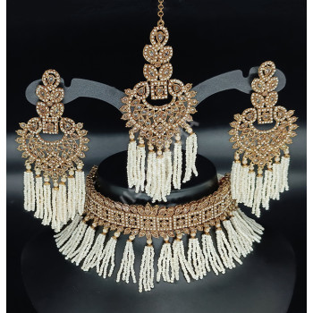 Designer Bridal Wear Mehandi Polish Full Clustered Pearl Antique Choker Necklace Set Beautiful Design with Big Earrings and Chutti / Tikka