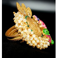 Party Ethnic Wear Colourful Peacock with Beautiful Clustered Pearl Big Finger Ring Rajwadi Gold Polish