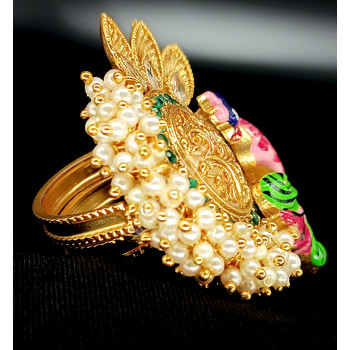 Party Ethnic Wear Colourful Peacock with Beautiful Clustered Pearl Big Finger Ring Rajwadi Gold Polish