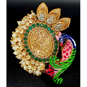 Party Ethnic Wear Colourful Peacock with Beautiful Clustered Pearl Big Finger Ring Rajwadi Gold Polish