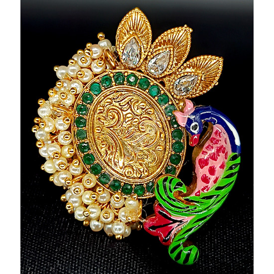 Party Ethnic Wear Colourful Peacock with Beautiful Clustered Pearl Big Finger Ring Rajwadi Gold Polish