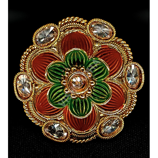 Party Ethnic Wear High Gold Polish Ruby Green Big Finger Ring Flower Pattern