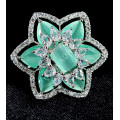 Party Bridal Wear Silver Plated AD Zircon Stones Stunning and Shining Mint Green Star Pattern Big Finger Ring