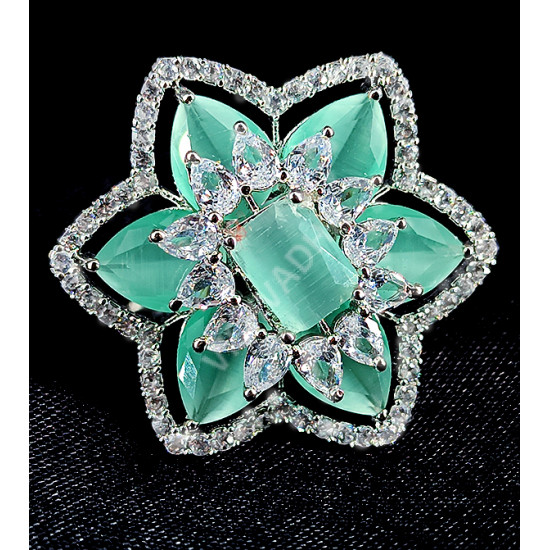 Party Bridal Wear Silver Plated AD Zircon Stones Stunning and Shining Mint Green Star Pattern Big Finger Ring