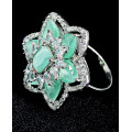 Party Bridal Wear Silver Plated AD Zircon Stones Stunning and Shining Mint Green Star Pattern Big Finger Ring