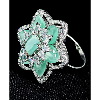 Party Bridal Wear Silver Plated AD Zircon Stones Stunning and Shining Mint Green Star Pattern Big Finger Ring