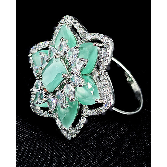 Party Bridal Wear Silver Plated AD Zircon Stones Stunning and Shining Mint Green Star Pattern Big Finger Ring