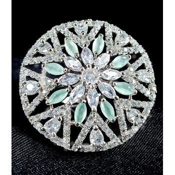 Party Bridal Wear Silver Plated Glittering  AD Zircon Stones Beautiful and Elegant Flower Pattern Mint Green Finger Ring